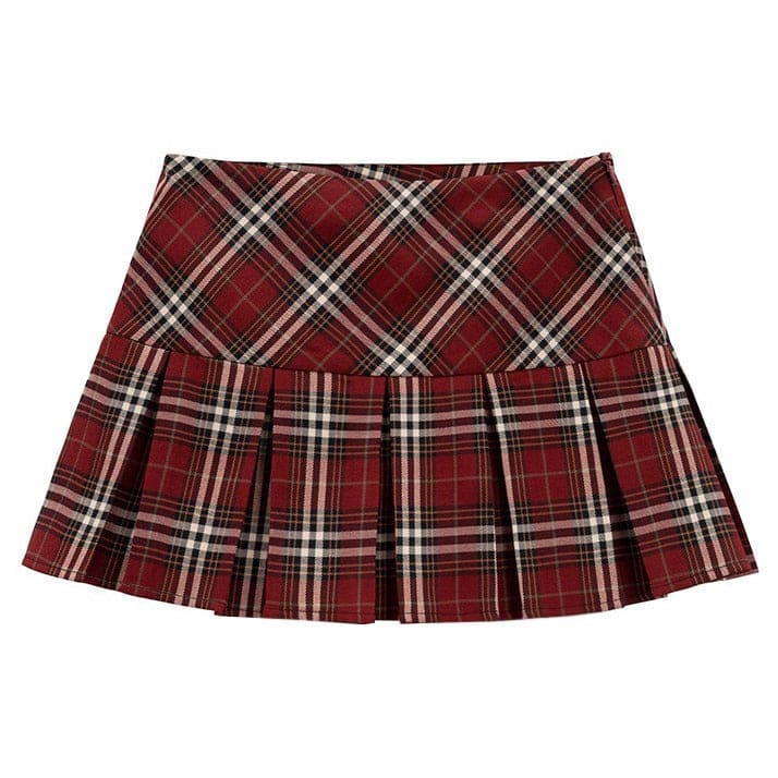 Red Plaid Pleated Skirt - Skirt