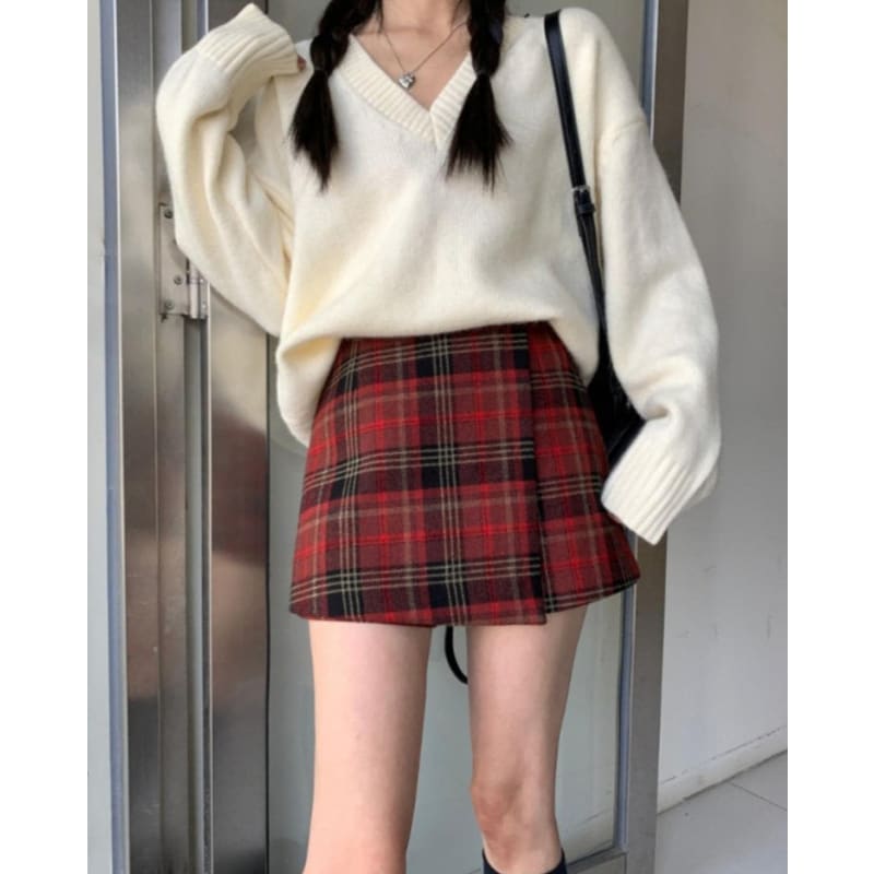 Red Plaid Wrap Skirt - Skirt