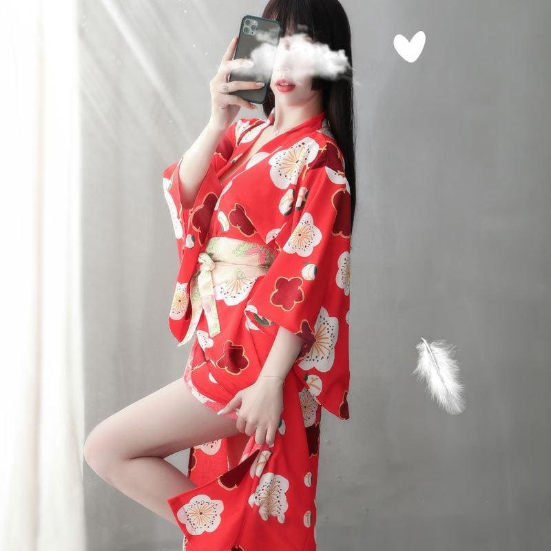 Red Sakura Print Kimono Lingerie Nightdress - Red / One Size