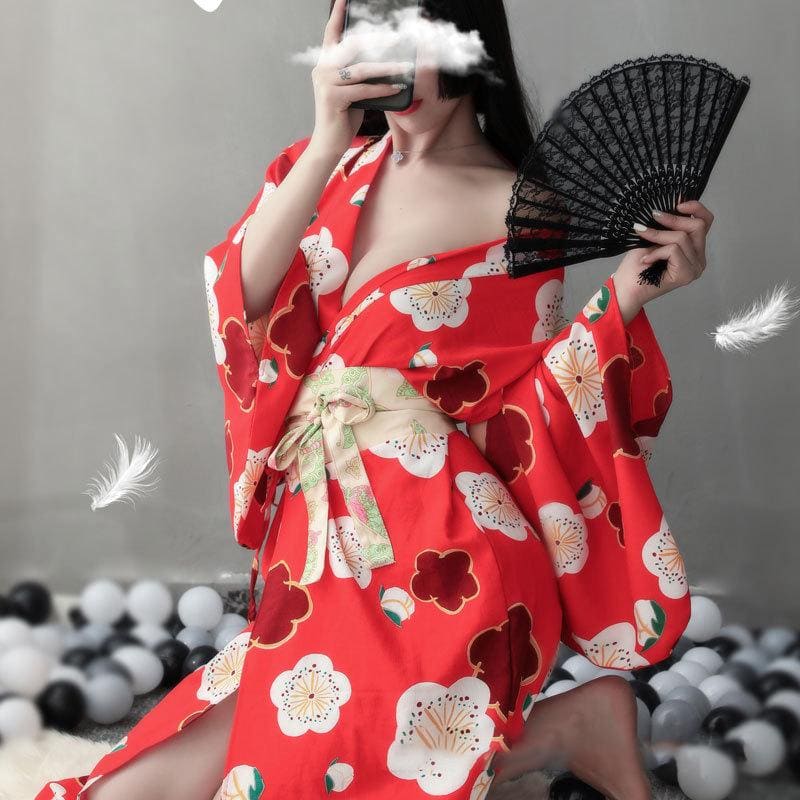 Red Sakura Print Kimono Lingerie Nightdress - Red / One Size