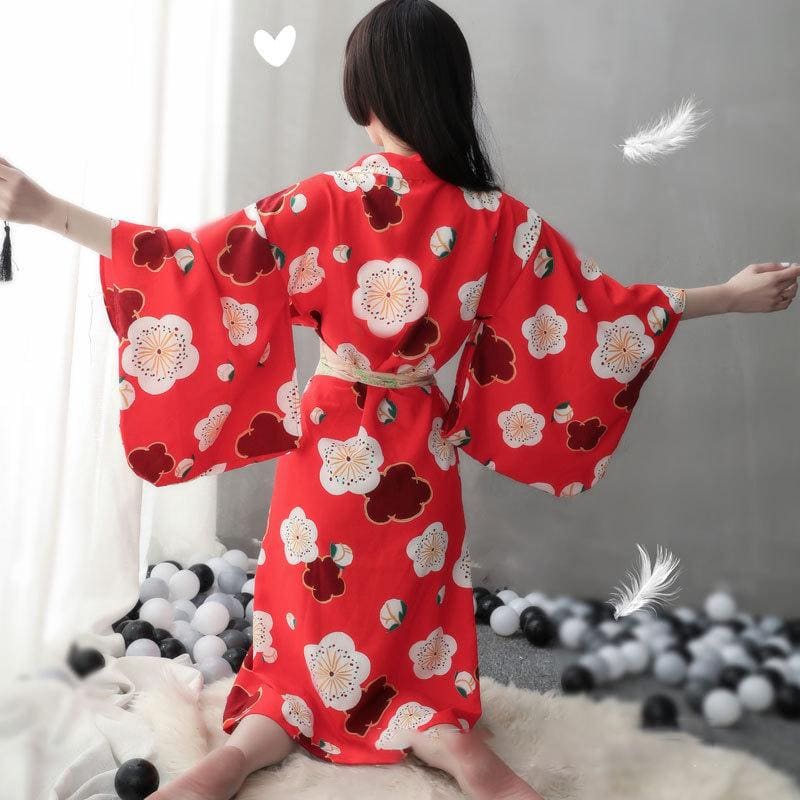 Red Sakura Print Kimono Lingerie Nightdress - Red / One Size