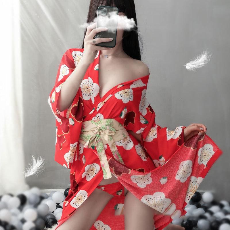 Red Sakura Print Kimono Lingerie Nightdress - Red / One Size