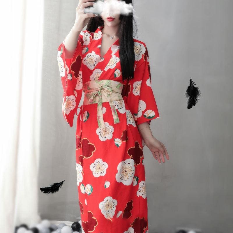 Red Sakura Print Kimono Lingerie Nightdress - Red / One Size