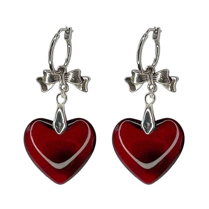 Red Stone Heart Bow Earrings - Standart / Silver/red