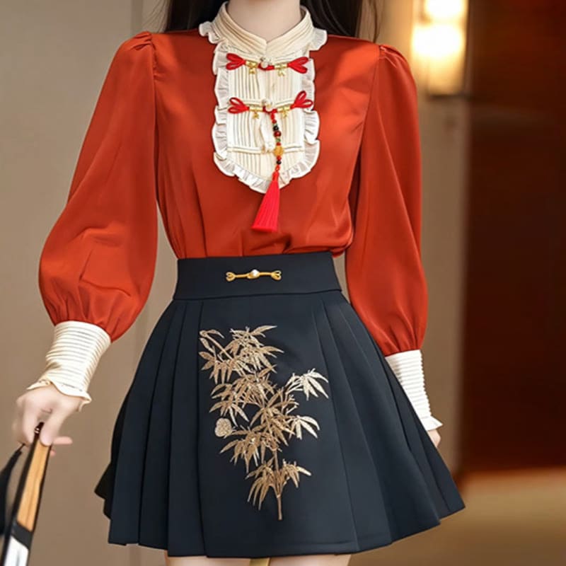 Red Tassel Shirt Bamboo Print Skirt Set