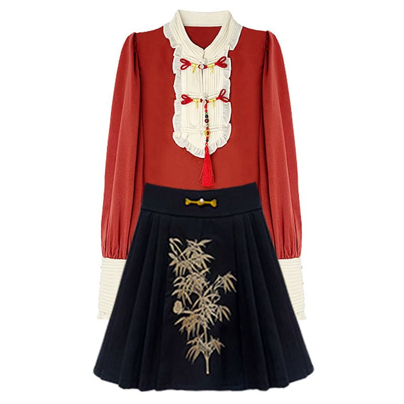 Red Tassel Shirt Bamboo Print Skirt Set - Set / S