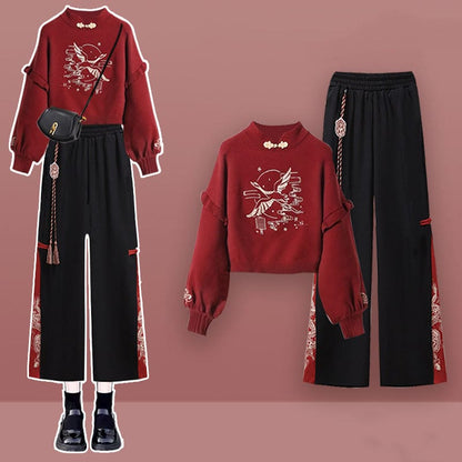 Red Vintage Crane Sweater Hoodie Dragon Pattern Split Pants