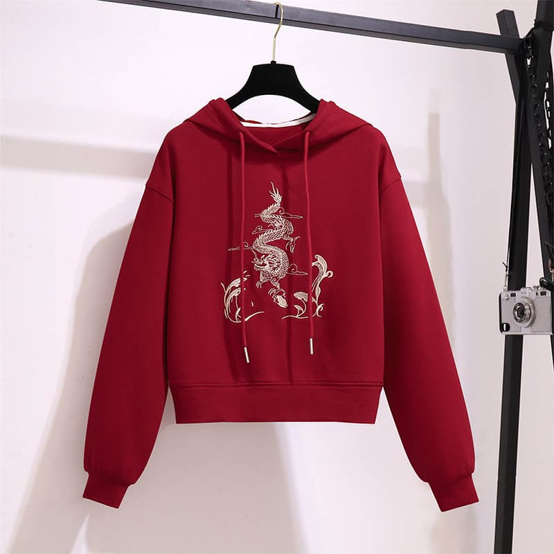 Red Vintage Dragon Hoodie Wide Leg Split Pants - Hoodie