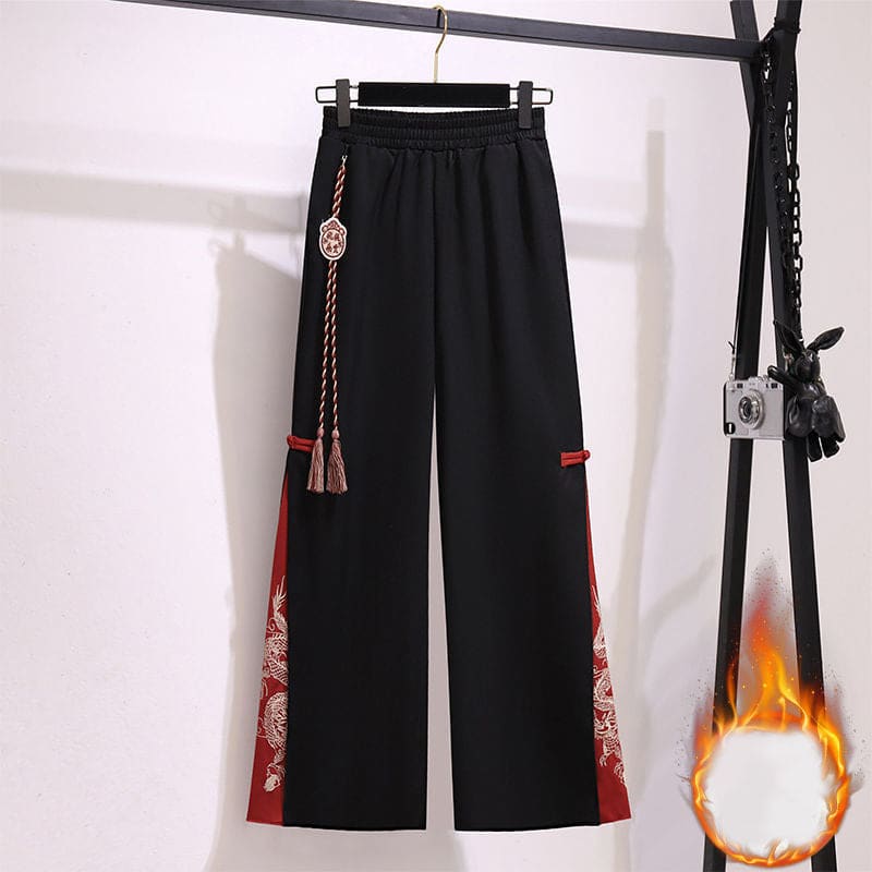 Red Vintage Dragon Hoodie Wide Leg Split Pants - Pants B / M