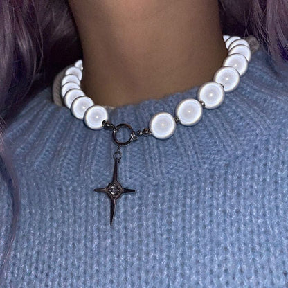 Reflective Pearl Cross Necklace - Necklace