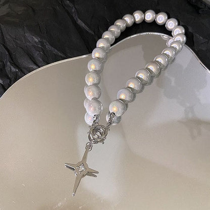 Reflective Pearl Cross Necklace - Necklace