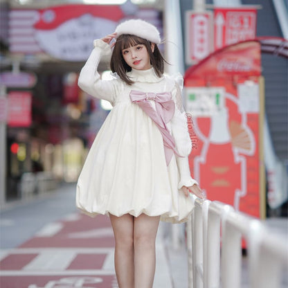 [Reservation] Kawaii White/Black Pearl Velvet Bubble Dress