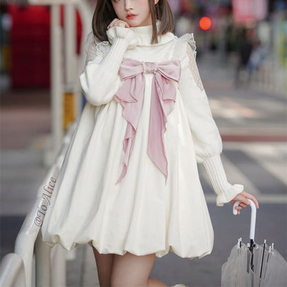 [Reservation] Kawaii White/Black Pearl Velvet Bubble Dress