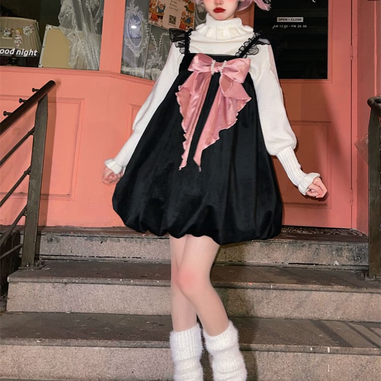 [Reservation] Kawaii White/Black Pearl Velvet Bubble Dress