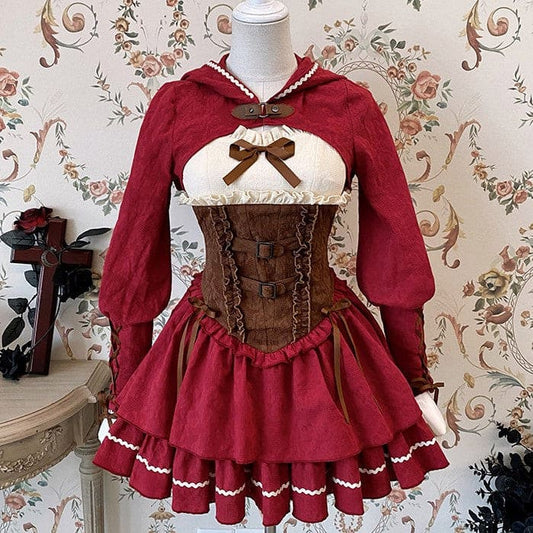 [Reservation] Lolita Red Hunter Amber JKS Dress Full Set SP17413 - Harajuku Kawaii Fashion Anime Clothes Fashion Store - SpreePicky