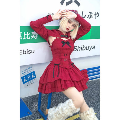 [Reservation] Lolita Red Hunter Amber JKS Dress Full Set SP17413 - Harajuku Kawaii Fashion Anime Clothes Fashion Store - SpreePicky