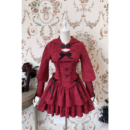 [Reservation] Lolita Red Hunter Amber JKS Dress Full Set SP17413 - Harajuku Kawaii Fashion Anime Clothes Fashion Store - SpreePicky