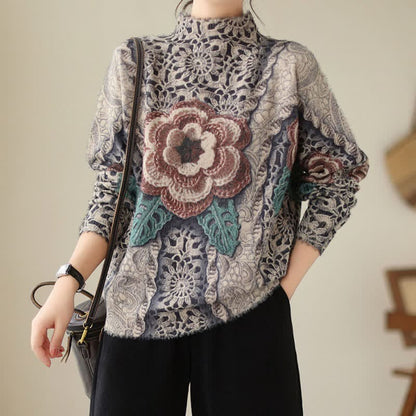 Retro Blossom Print Mock Tutleneck Sweater