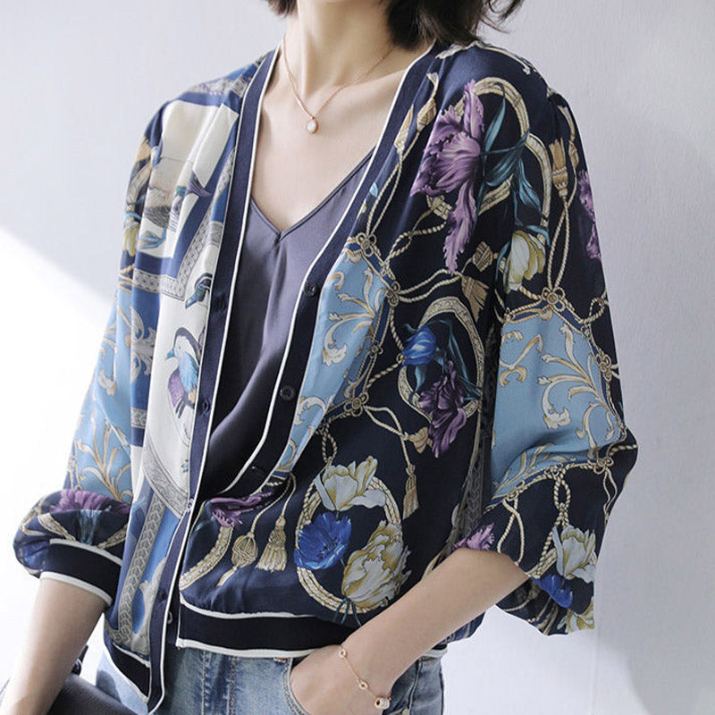 Retro Blue Bird Printed Shirt - Navy Blue / M