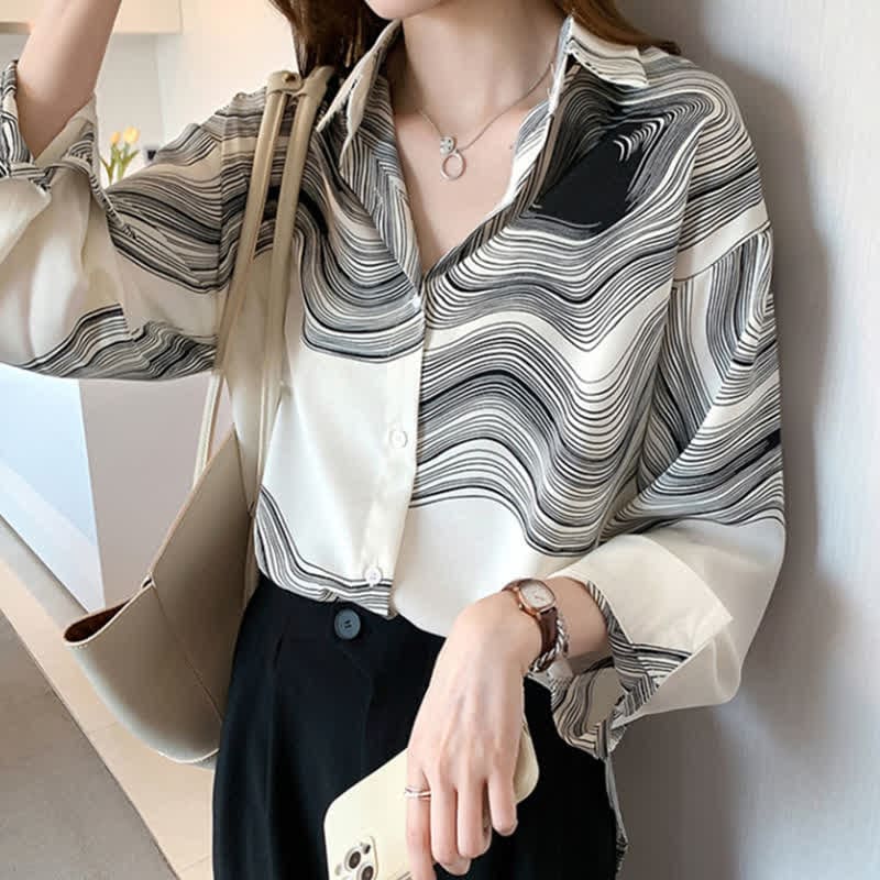 Retro Colorblock Stripe Print Lapel Shirt - White / M