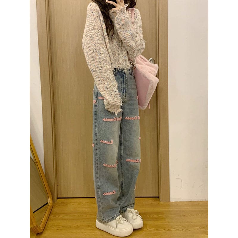 Retro Pink Embroidery Jeans