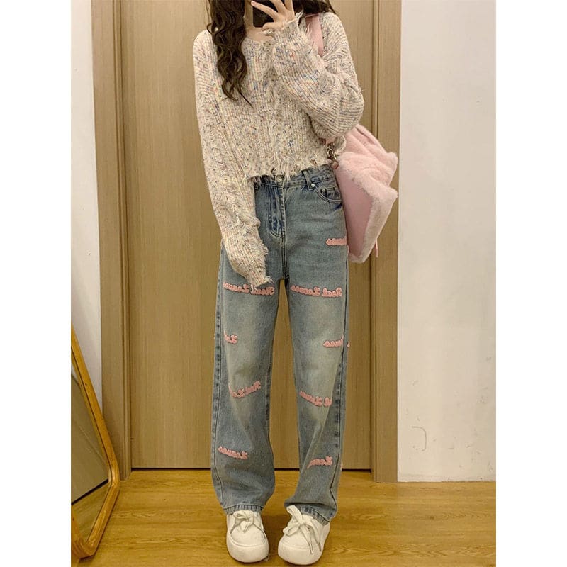 Retro Pink Embroidery Jeans - XS