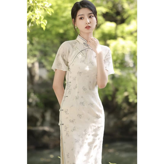 Retro Spring Dress Cheongsam - S / Long Sleeved Cheongsam