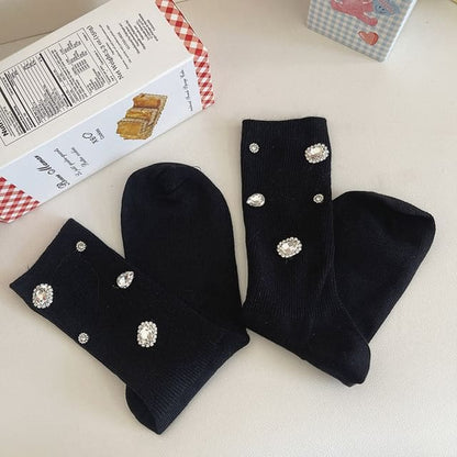 Rhinestone Accent Socks - Black / One Size