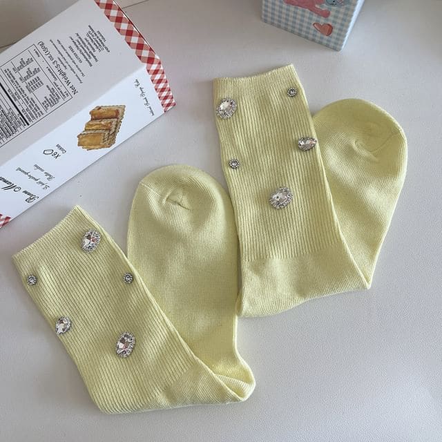 Rhinestone Accent Socks - Lemon Yellow / One Size