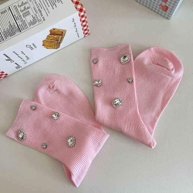 Rhinestone Accent Socks - Pink / One Size