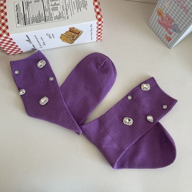 Rhinestone Accent Socks - Purple / One Size