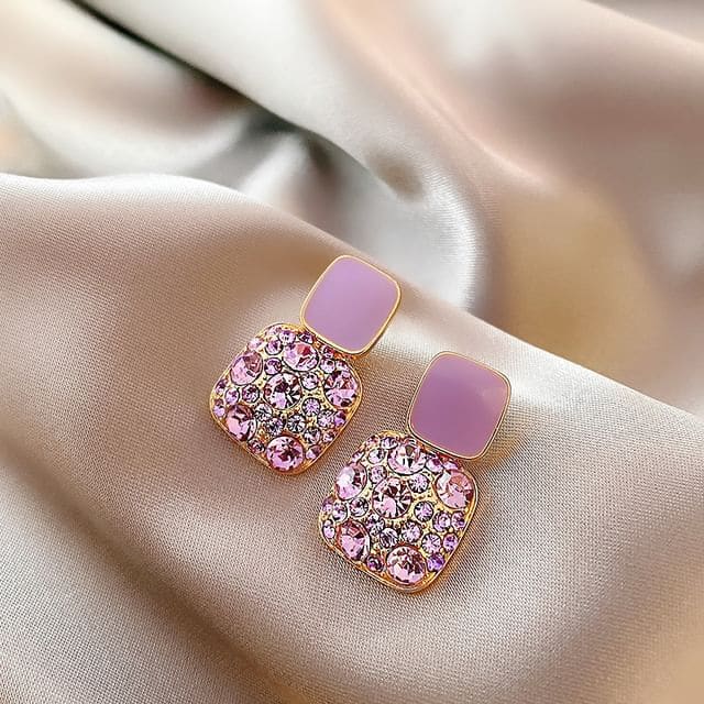 Rhinestone Alloy Drop Earring - 1 Pair - Square - Purple