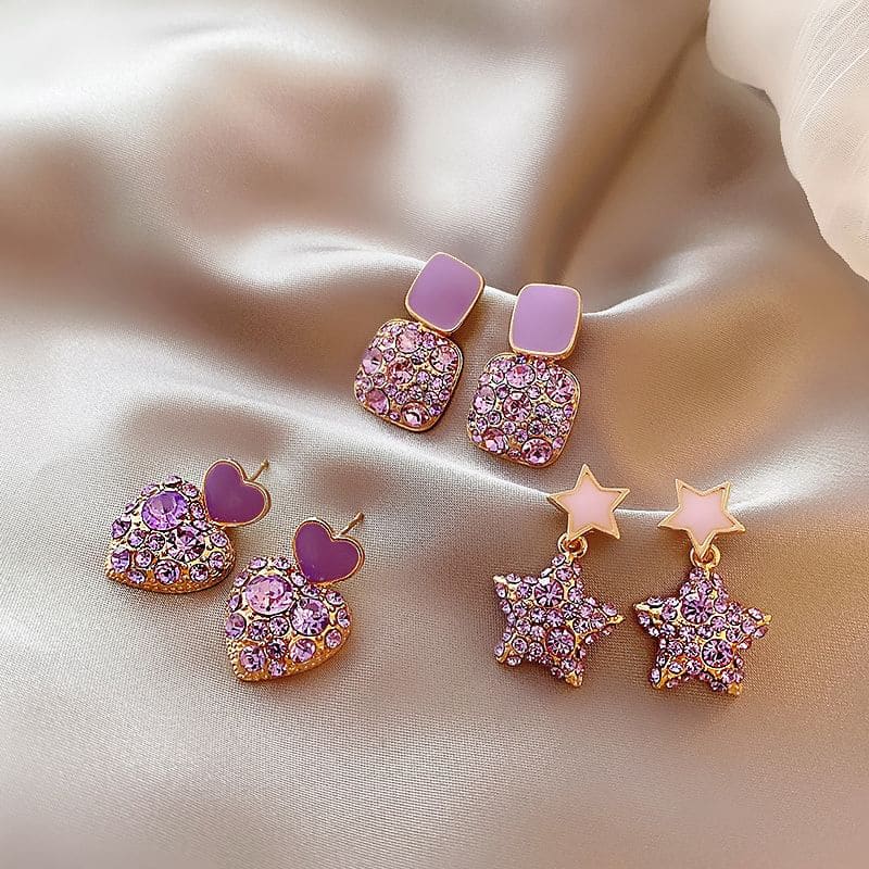 Rhinestone Alloy Drop Earring - 1 Pair - Square - Purple