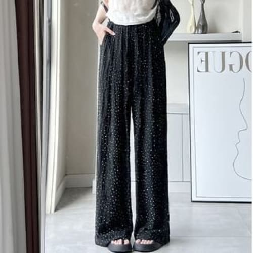 Rhinestone Applique High Waist Torn Wide Leg Drawstring