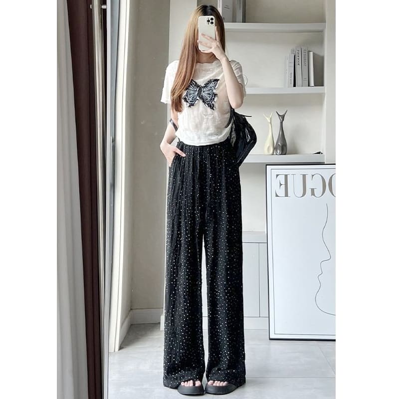 Rhinestone Applique High Waist Torn Wide Leg Drawstring