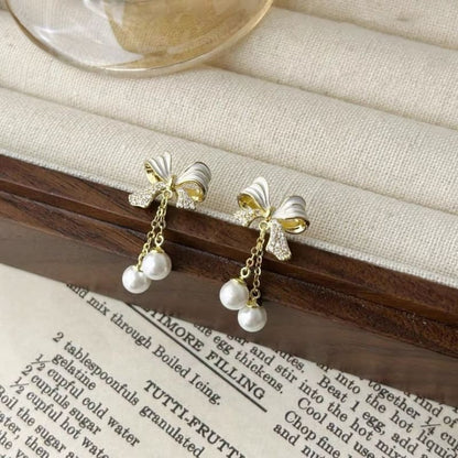 Rhinestone Bow Faux Pearl Drop Earring