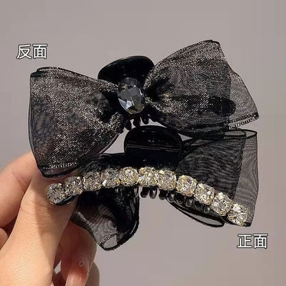 Rhinestone Bow Hair Clamp - Black / One Size