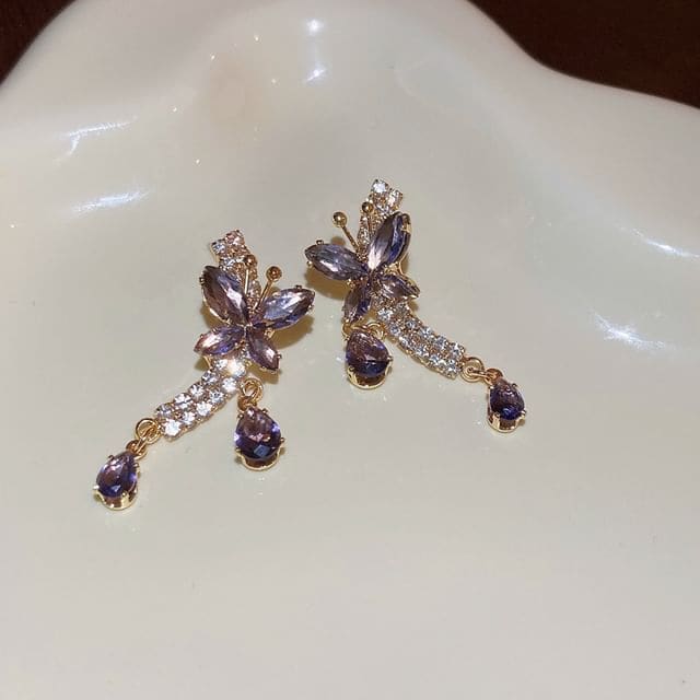 Rhinestone Butterfly Drop Earring - 1 Pair - Gold & Purple