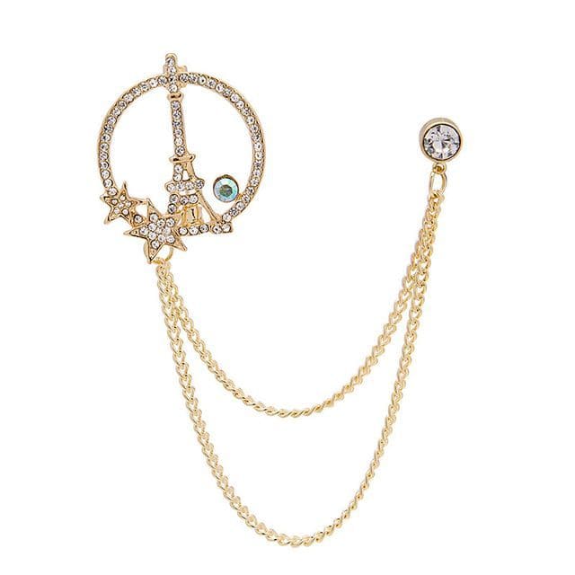 Rhinestone Chained Alloy Brooch - Z127-1 - Gold / One Size