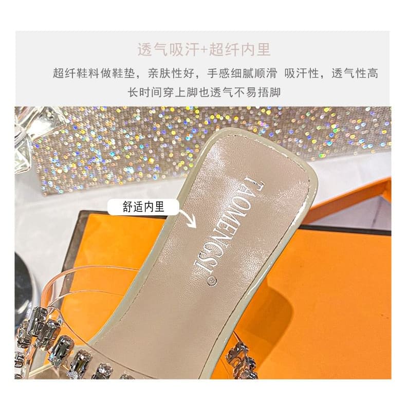 Rhinestone Chunky Heel Slide Sandals Egirldoll