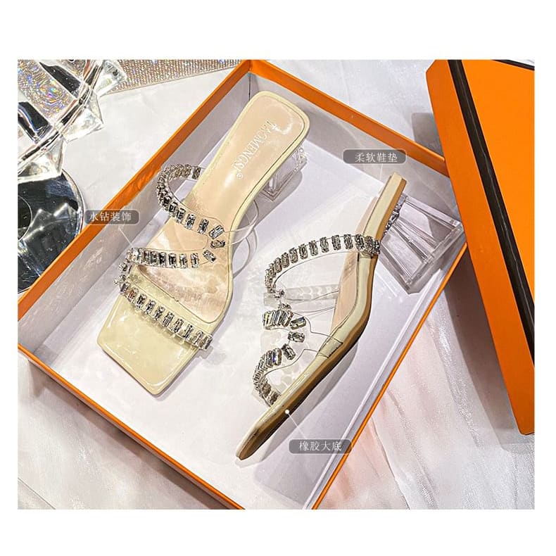 Rhinestone Chunky Heel Slide Sandals Egirldoll