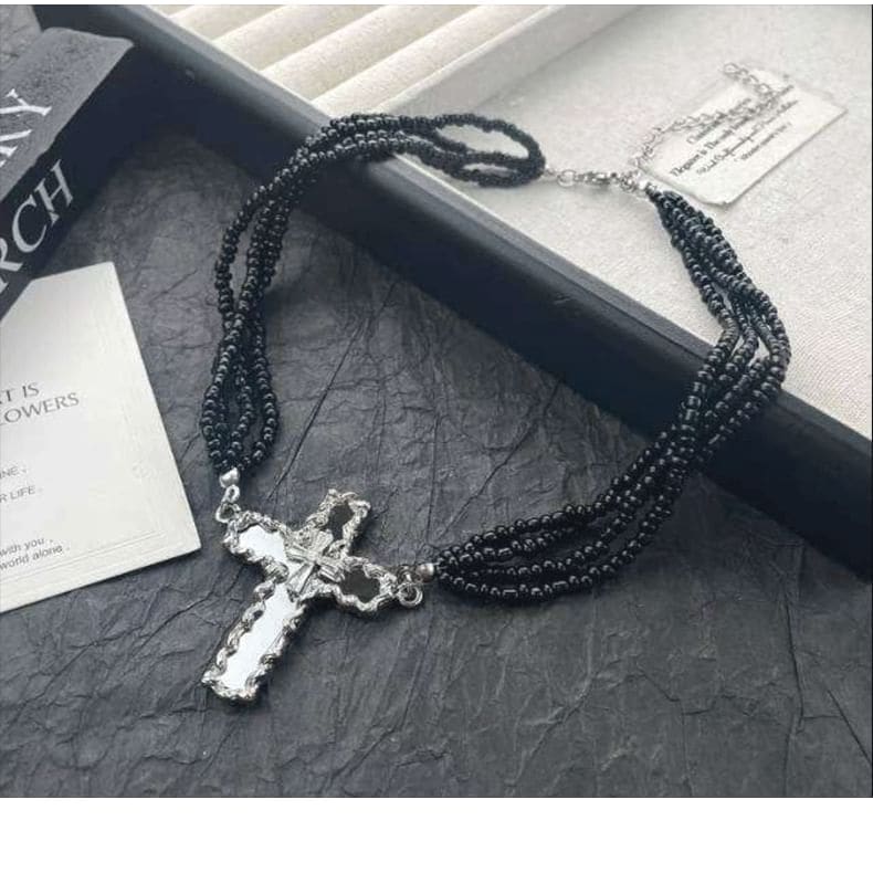 Rhinestone Cross Beaded Layered Necklace