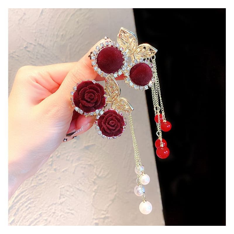 Rhinestone Fringed Hair Claw - CN1721 - Flocking - Red