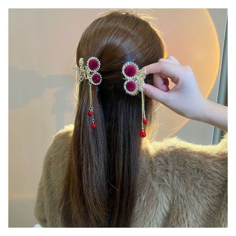 Rhinestone Fringed Hair Claw - CN1721 - Flocking - Red