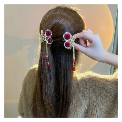 Rhinestone Fringed Hair Claw - CN1721 - Flocking - Red