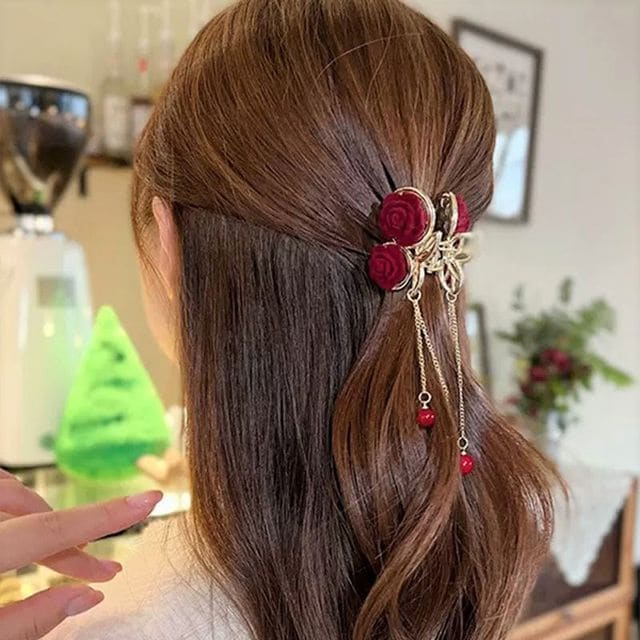 Rhinestone Fringed Hair Claw - CN1721 - Flocking - Red