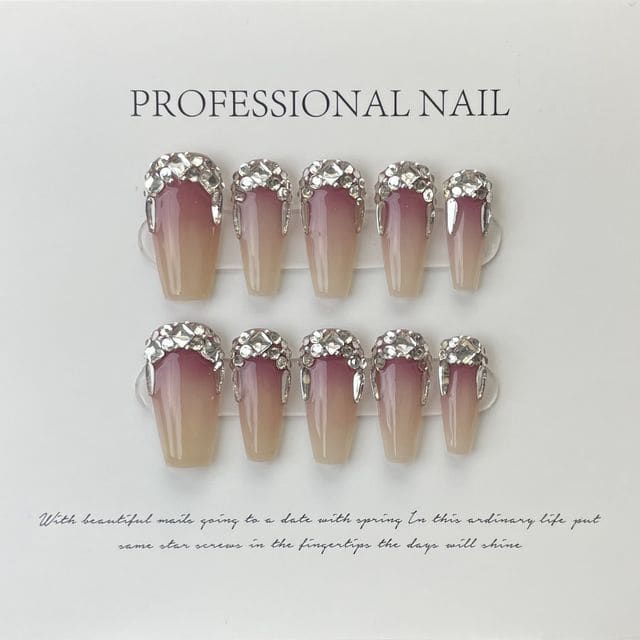 Rhinestone Gradient Faux Nail Tips - Plum Pink & Almond / XS