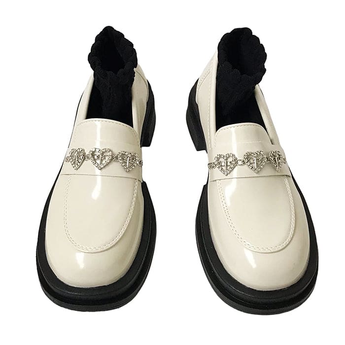 Rhinestone Heart Loafers - EU35 (US5.0) / Creamy White