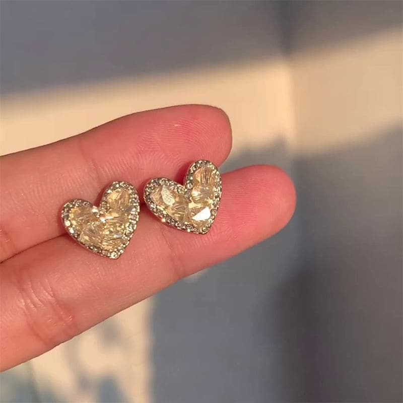 Rhinestone Heart Stud Earring - 1 Pair - Gold / One Size