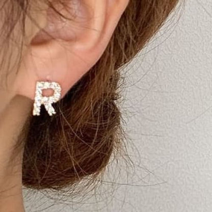 Rhinestone Lettering Ear Stud - R - 1 Pc - Gold / One Size